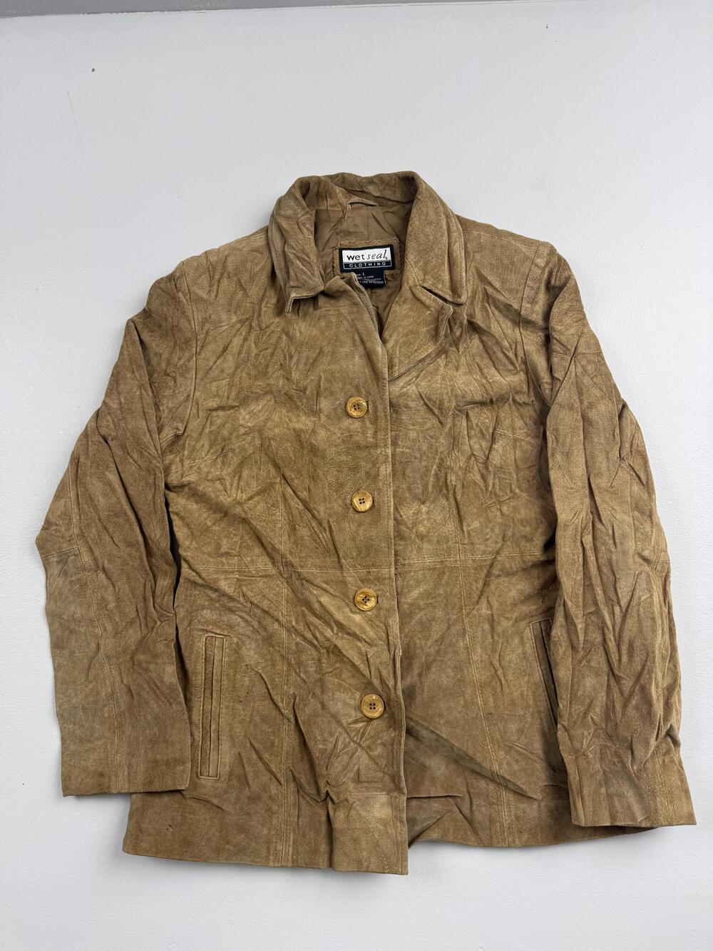 Wet Seal Leather Coat Womens Large Brown Button Front Collared Lined Mid Length